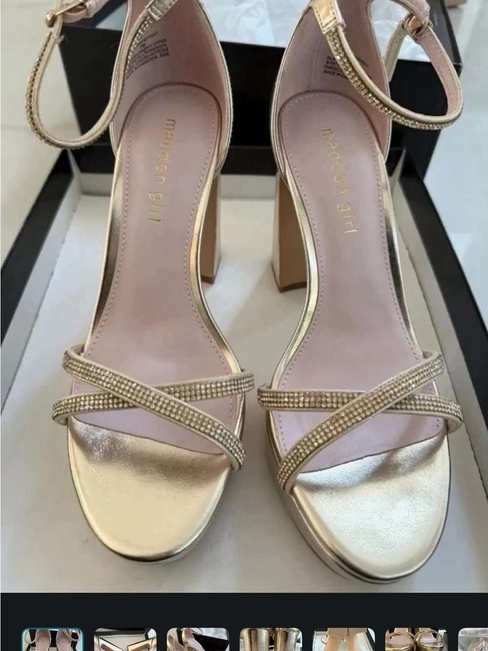 Madden Girl Cady Gold Rhinestone Platform Block Heels Sz 7 NWT